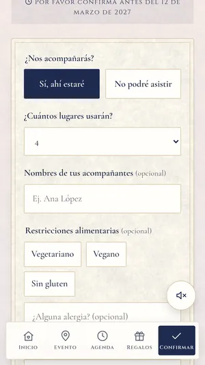 Formulario de confirmación con «Sí, ahí estaré» elegido y 4 lugares