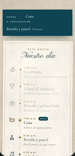 Programa de la noche: ahora la cena, a continuación brindis y pastel a las 8:15 p. m.