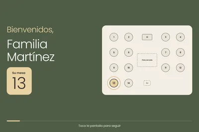 Pantalla de recepción: «Bienvenidos, Familia Martínez. Su mesa 13»